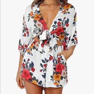Floral Print Summer Short Romper V Neck Bust Tie Knot Front Casual Rompers